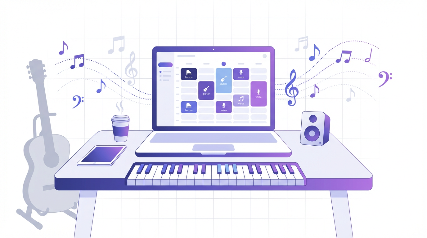 StageNote dashboard showing a music tutor's weekly schedule with lesson cards for piano, guitar, and voice students